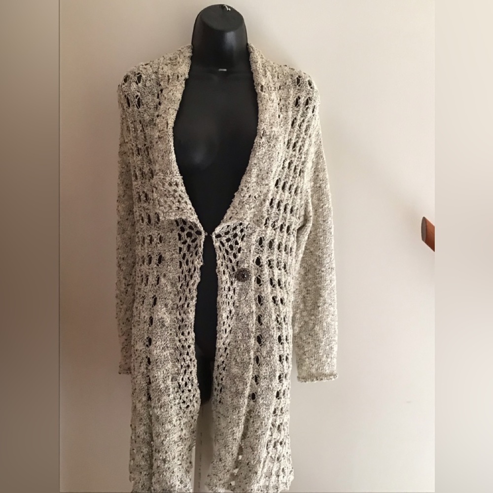Soft Surroundings Open knit shawl collar one button closure duster sweater